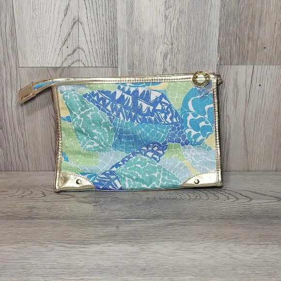 Lilly Pulitzer For Estee Lauder Green Blue Yellow Abstract Floral Zippered Pouch - Picture 2 of 10